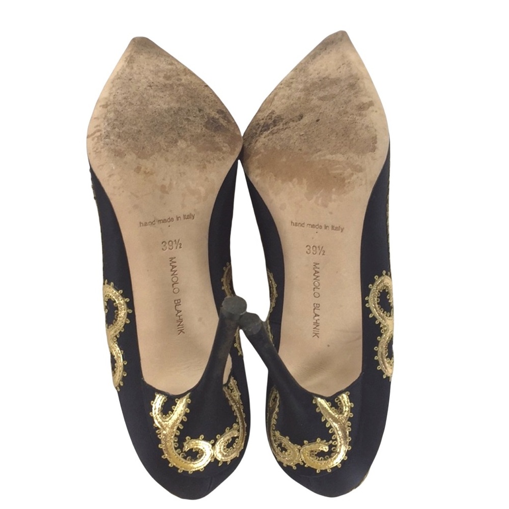 Manolo Blahnik black high heels stilettos beautiful intricate gold trim - Picture 7 of 8
